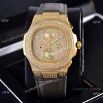 Copy Patek Philippe Nautilus Chrono Watches Gold Iced Out Case Leather Strap